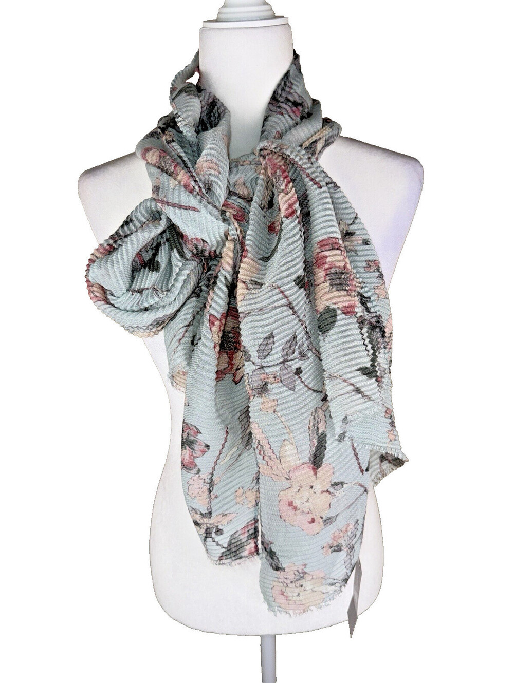 NWT J. Jill  White & Jade Floral Rectangle  Scarf w/ “Eyelash” Fringe 66x24 in.